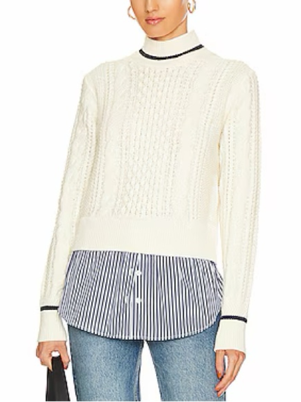 Veronica Beard Fritz Mixed Media Cable Knit Sweater Ivory, Size M